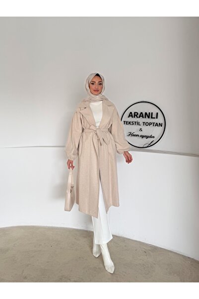Aranlı tekstil Belted Balloon Sleeve Basic Hijab Coat / Medium Length Women's Hijab Coat