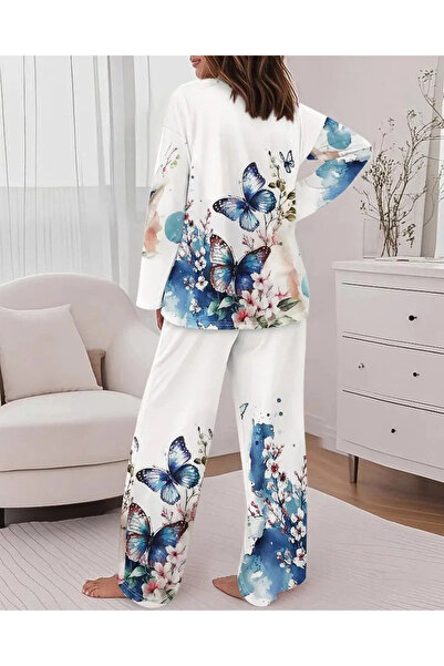 MODA Women's Long Sleeve Crew Neck Butterfly Print Two Thread Bottom Top Set