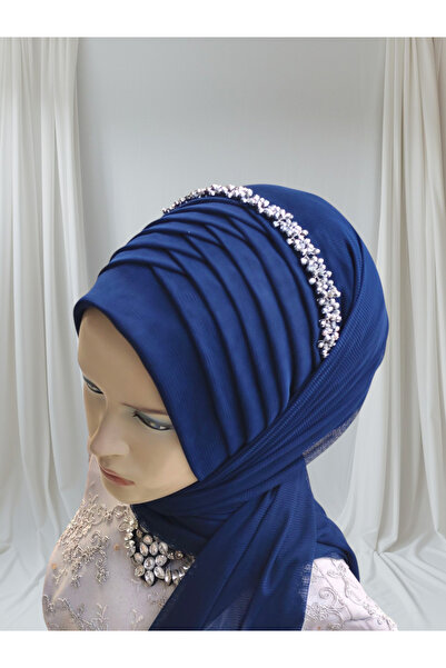 Nuray hazır duvak Accessories Included: Light Navy Blue Single-Piece Ready-Made Shawl, Ready-Made Turban, Ready-Made Veil.