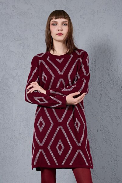 Moda Days Women's Burgundy Yan Slit Crew Neck Glitter Patterned Knitwear Blouse