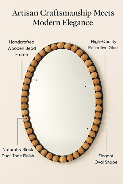 MARIA HOMES Oval Decorative Wall Mirror with Wooden Bead Frame Natural & Black 60×90 cm