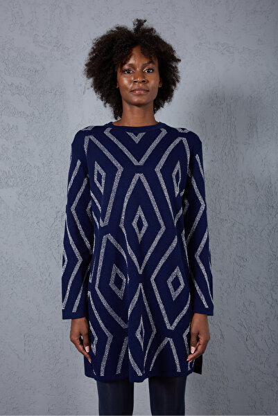 Moda Days Women's Dark Navy Side Slit Crew Neck Glitter Patterned Knitwear Blouse