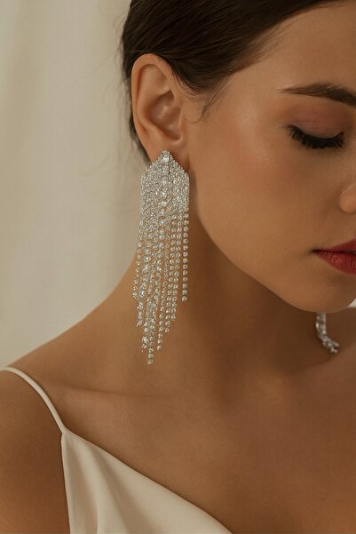 COCOSH TAKI Gümüş renk zirkon taşlı püskül model abiye küpe