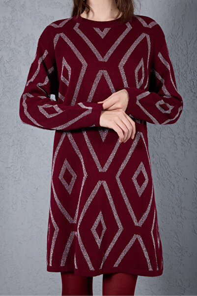 Moda Days Women's Burgundy Yan Slit Crew Neck Glitter Patterned Knitwear Blouse