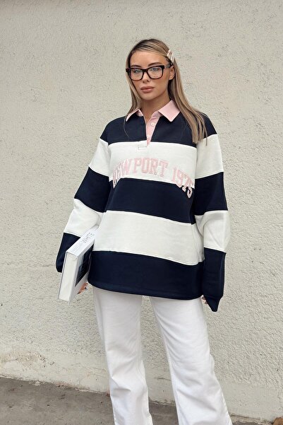 Swist Синій New Port вишитий поло з коміром-стійкою, смугастий, з бавовняною підкладкою, жіночий світшот