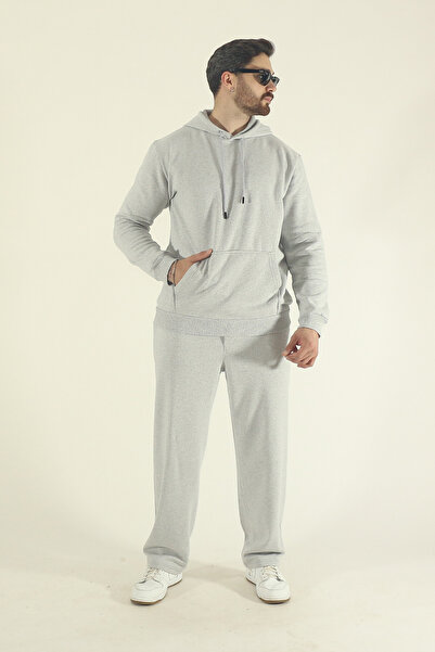 EydaMoon Men's Winter Cotton Kangaroo Pocket Sweatshirt Bottom Baggy Tracksuit Set-Grey