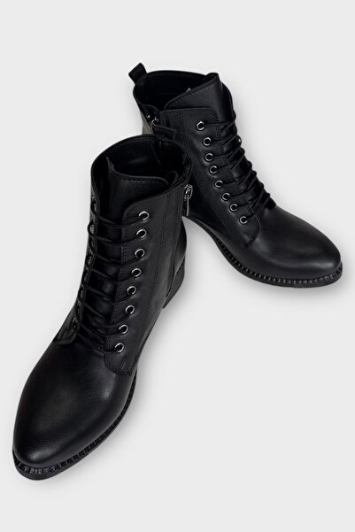 Liger Γυναικείες μπότες με λεπτομέρεια με κορδόνια με φερμουάρ και χοντρό τακούνι ΜΑΥΡΟ