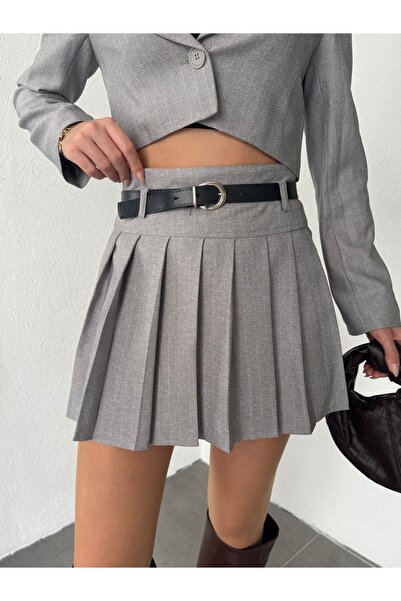 Lila Moda Striped Crop Jacket Belted Lined Pleated Skirt Set