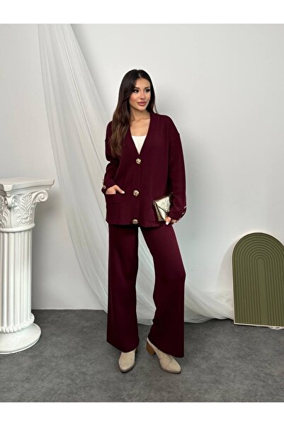 manana fashion Gold Buttoned Special Design Knitwear Cardigan Trouser Set