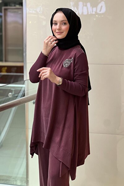 Nuss Tunic Pants Cupra Set with Knitwear Sleeves and Stone Brooch