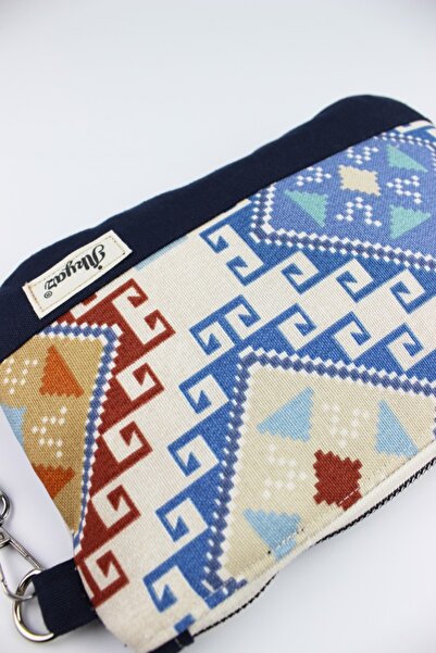İLKYAZ Kilim Patterned Multifunctional Navy Blue Handbag, Wallet