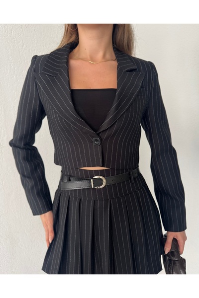 Lila Moda Striped Crop Jacket Belted Lined Pleated Skirt Set