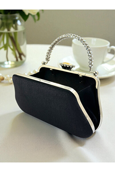 Biçanta Black Color Glitter Satin Crystal Stone Handle Women Evening Dress Bag Wedding Engagement Graduation