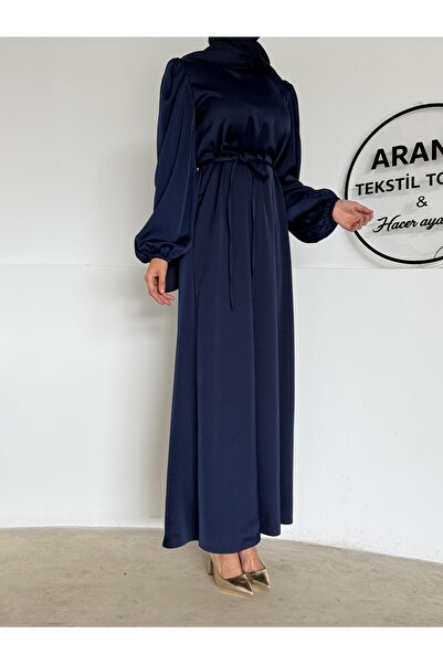 Aranlı tekstil Balloon Sleeve Satin Hijab Oversize Piping Belted Hijab Dress