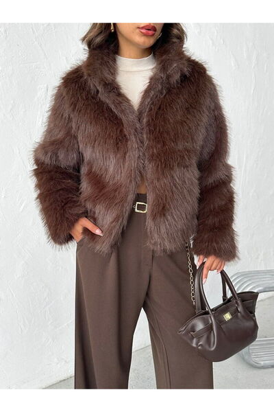 Caddebostan Moda Dark Brown Women's Faux Faux Fur Coat Modern Premium Luxury Trend Design Jacket