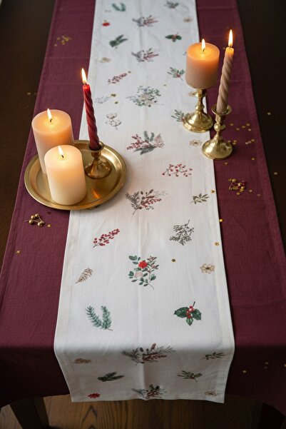 Haus Violett 350 cm Kış Çiçekleri Desenli %100 Keten Masa Runner – Yılbaşı Ma...