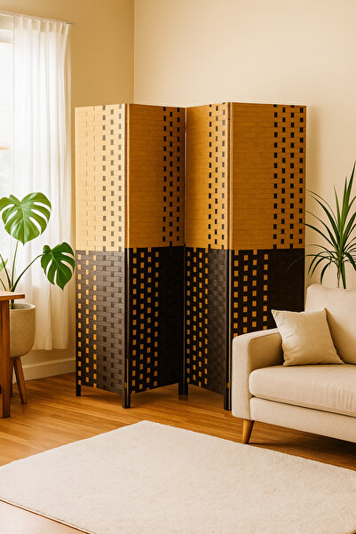 MARIA HOMES فاصل غرفة منسوج بأربعة ألواح - شاشة خصوصية قابلة للطي مقاس 180×200 سم، بلونين بني وبيج