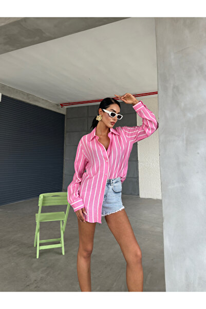Pophlin Pembe Çizgili Oversize Gömlek