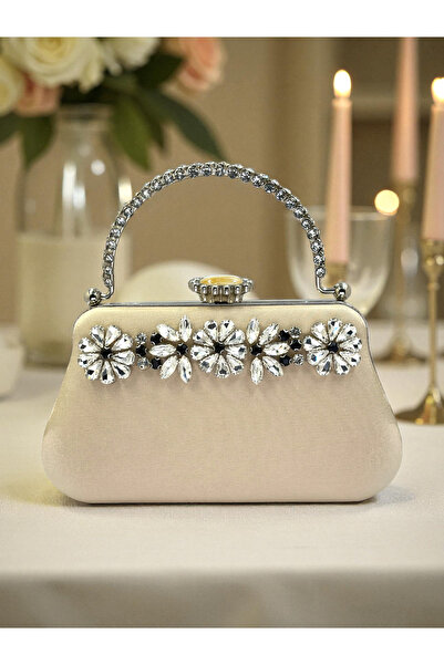 Biçanta Skin Nude Color Glitter Satin Crystal Stone Handle Women Evening Dress Bag Wedding Engagement Graduation