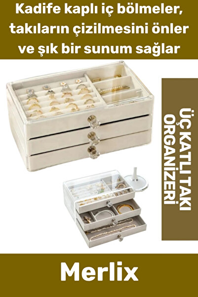Merlix Özel Seri Çok Gözlü Saydam Kapak Yüzük Küpe Kolye Kadife Kaplı Üç Katl...