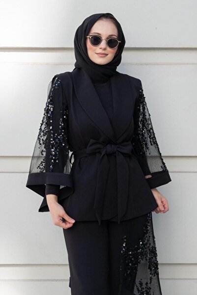 MİANOTTE Chiffon Sequin Embroidered Belted Jacket Pants Set