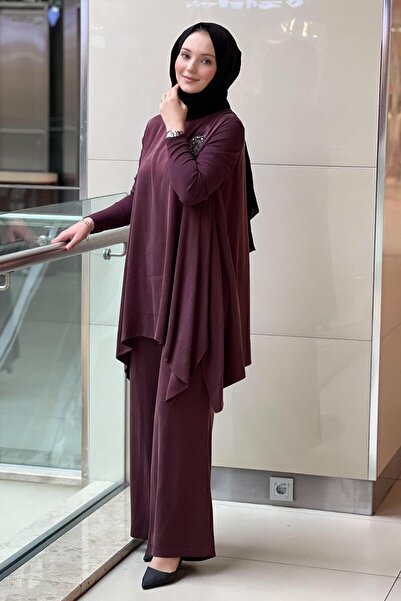 Nuss Tunic Pants Cupra Set with Knitwear Sleeves and Stone Brooch