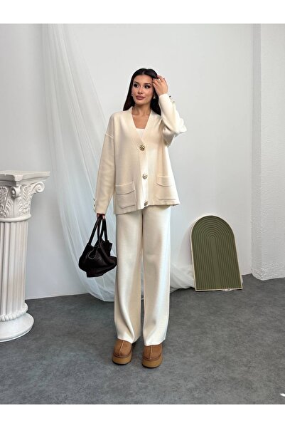 manana fashion Gold Buttoned Special Design Knitwear Cardigan Trouser Set