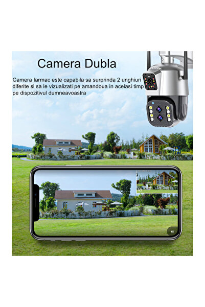 IARMAC Camera de supraveghere dubla WiFi cu Alimentare UPS, 12Mp, 10X Zoom Optic, exterior/interior, Ultra HD rotire 360 grade, leduri lumina, comunicare bidirectionala, alarma, senzor miscare, Neagra