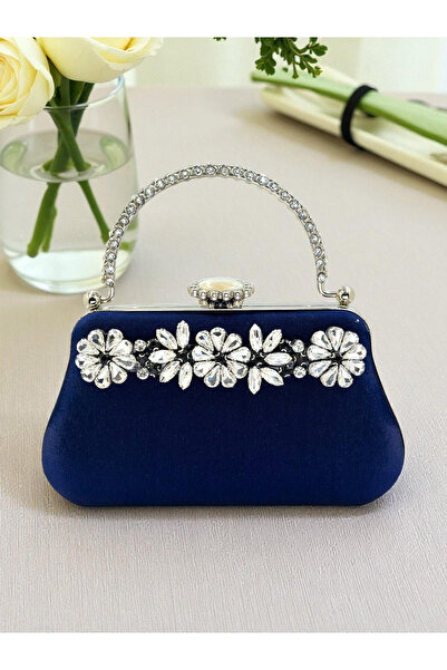 Biçanta Navy Blue Color Glitter Satin Crystal Stone Handle Women Evening Dress Bag Wedding Engagement Graduation