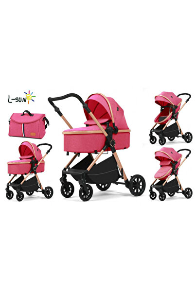 L-Sun 2-in-1 Stroller, Double Suspension per Wheel, Bag Included, Compact Folding, Reversible Handle, Pink