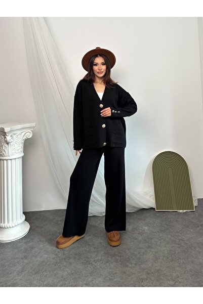 manana fashion Gold Buttoned Special Design Knitwear Cardigan Trouser Set
