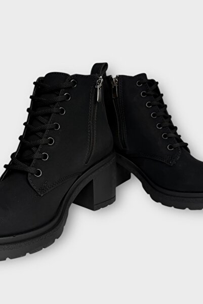 Liger Γυναικείες μπότες με λεπτομέρεια με κορδόνια με φερμουάρ και χοντρό τακούνι ΜΑΥΡΟ - ΚΑΤΑΠΟΥΤΟ