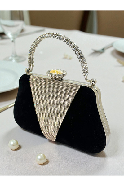 Biçanta Black Suede Crystal Stone Metal Handle Chain Strap Evening Dress Bag Wedding Engagement Graduation