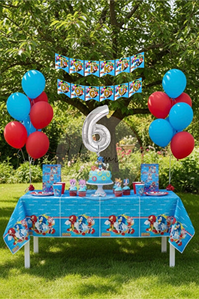 Umamiçe Sonic Temalı 6 Yaş Doğum Günü Parti Seti – Masa Örtüsü + Banner + 6 R...