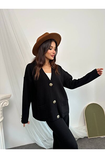 manana fashion Gold Buttoned Special Design Knitwear Cardigan Trouser Set