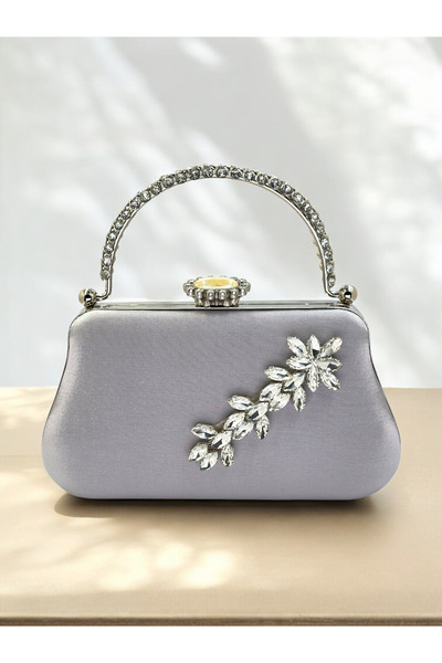 Biçanta Silver Gray Color Glitter Satin Crystal Stone Handle Women Evening Dress Bag Wedding Engagement Graduation