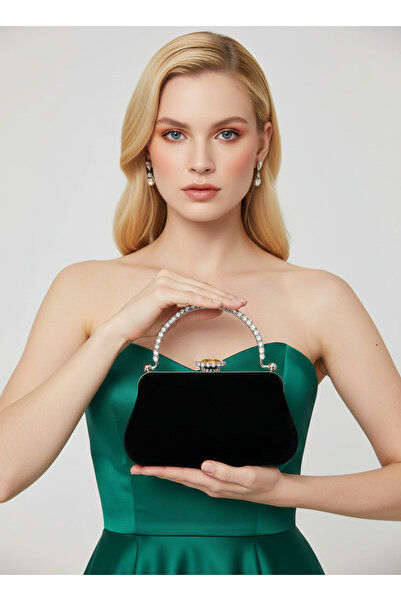 Biçanta Black Suede Crystal Stone Metal Handle Chain Strap Evening Dress Bag Wedding Engagement Graduation