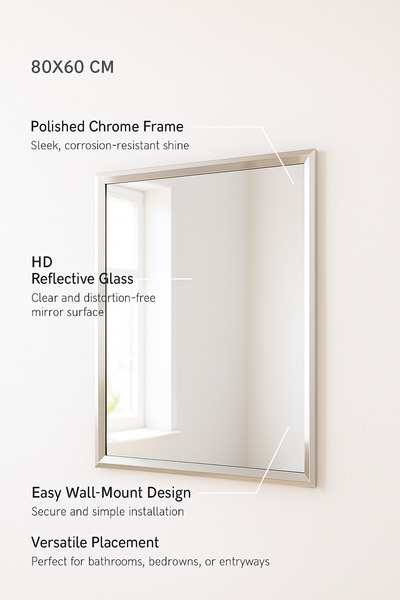 MARIA HOMES Rectangular Wall Mirror with Chrome Frame – 80×60 cm Modern Decorative Mirror for Home