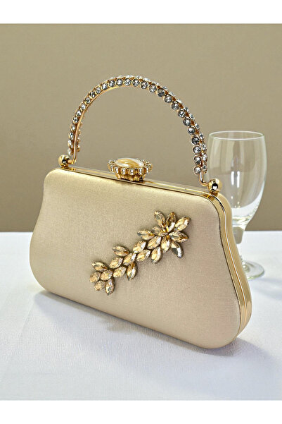 Biçanta Skin Nude Color Glitter Satin Crystal Stone Handle Women Evening Dress Bag Wedding Engagement Graduation