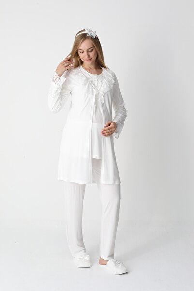 Lohussa Women's Ecru Lace Buttoned Winter Special Design Maternity Pajama Set