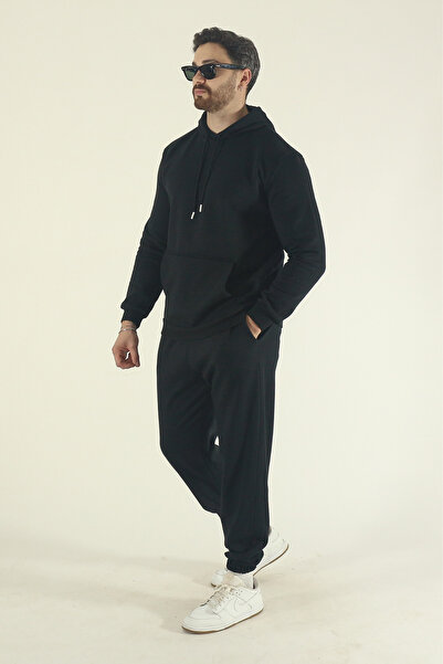 EydaMoon Men's Winter Cotton Tracksuit Set Kangaroo Pocket Sweatshirt Jogger - Black Regular Elasticated Leg