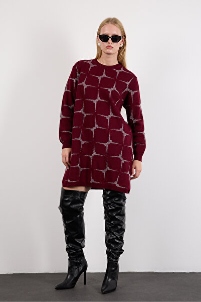 Clothes Fast Women's Burgundy Yan Slit Crew Neck Glitter Patterned Knitwear Blouse