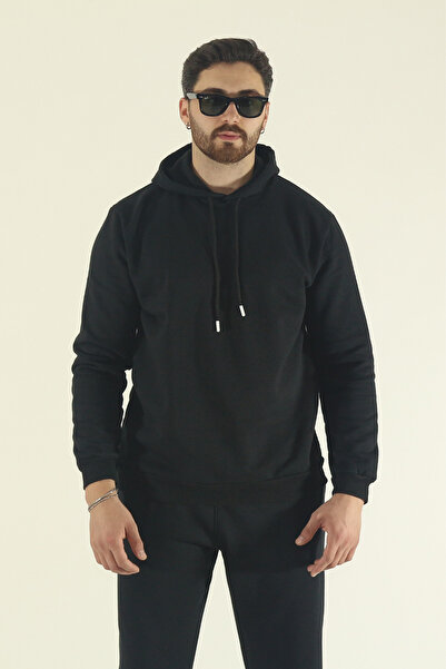 EydaMoon Men's Winter Cotton Tracksuit Set Hooded Sweatshirt Jogger - Black Regular Elastic Leg