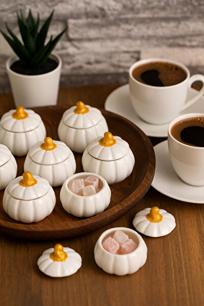 incirop Kahve Yanı Beyaz Gold Kapaklı Kabak Lokumluk Seti – 6’lı Dekoratif Dr...