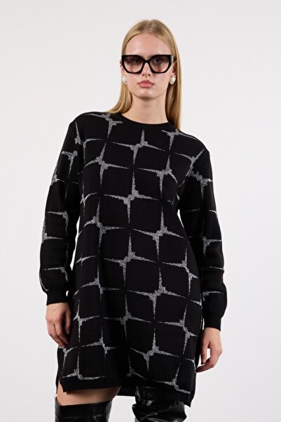 Moda Days Women's Black Side Slit Crew Neck Glitter Patterned Knitwear Blouse