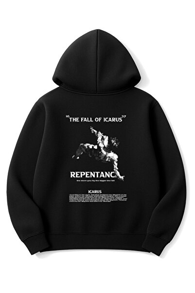 Altair Tr Black Oversized Unisex the Fall of Icarus Printed Hooded Sweatshirt