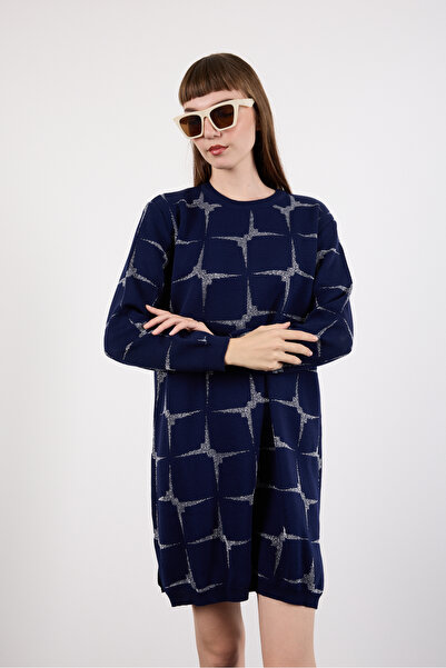 Moda Days Women's Dark Navy Side Slit Crew Neck Glitter Patterned Knitwear Blouse