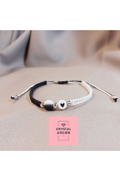 Crystal Atelier Beşiktaş Kalp Boncuklu Makrome Bileklik – BJK Siyah Beyaz Tem...