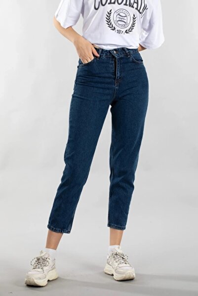 JILLY Milano Boyfriend Koyu Mavi Rahat Mom Jeans