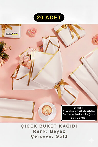 COLORPAK Çiçek Buket Ambalaj Jelatin Kağıdı (BEYAZ zemin ve GOLD kenarlı) Mat Opp 55x55cm 20 adet